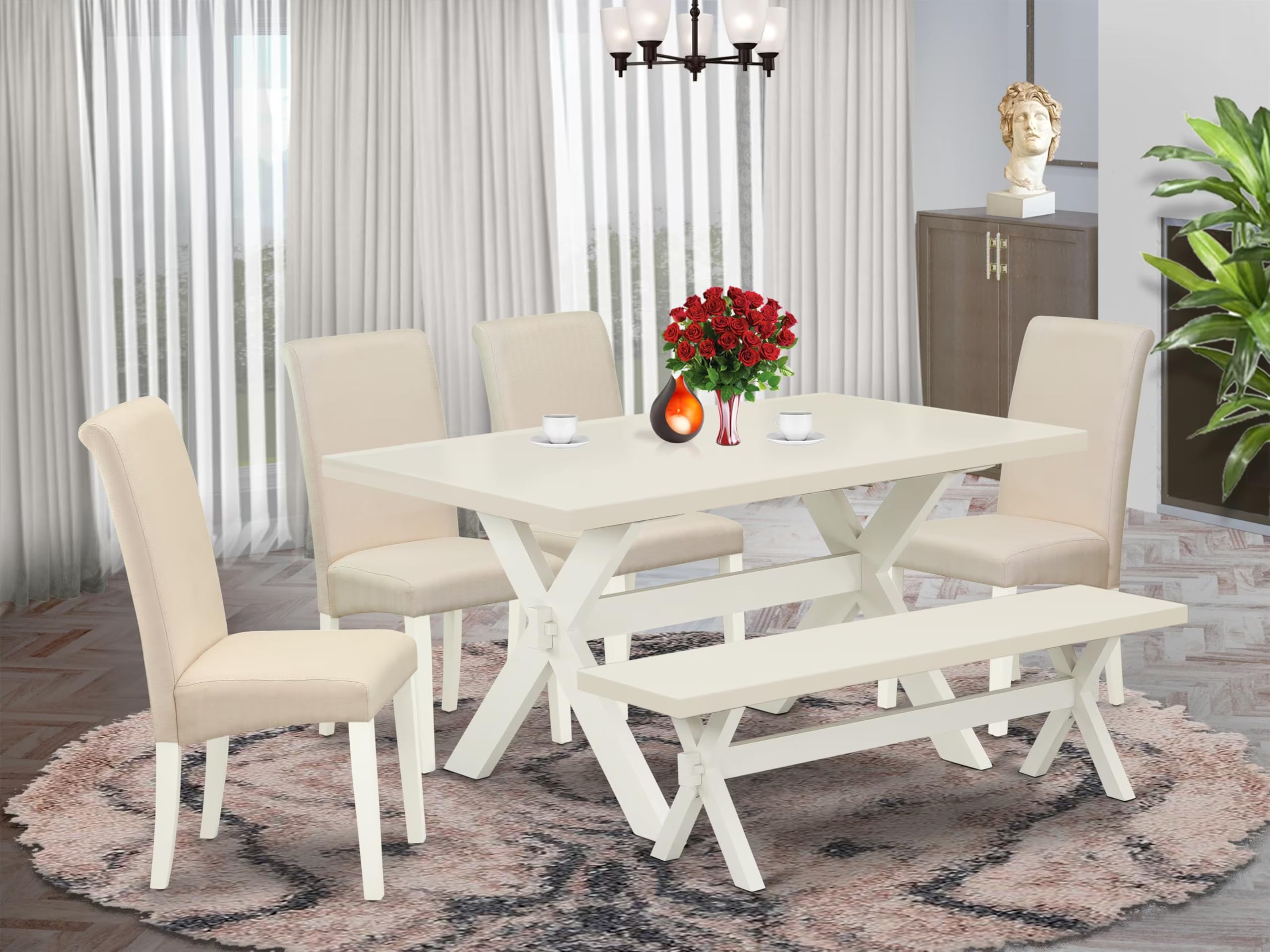 East West Furniture X026Ba201-6 6 Piece Modern Dining Table Set Contains A Rectangle Wooden Table With X-Legs And 4 Cream Linen Fabric Parson Chairs With A Bench, 36X60 Inch, Multi-Color